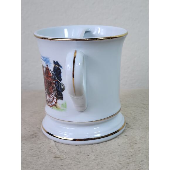 Mustache Shaving Mug Gold Rim 4" Porcelain Fireman Horse-Drawn Wagon 80s Vintage - Picture 4 of 13